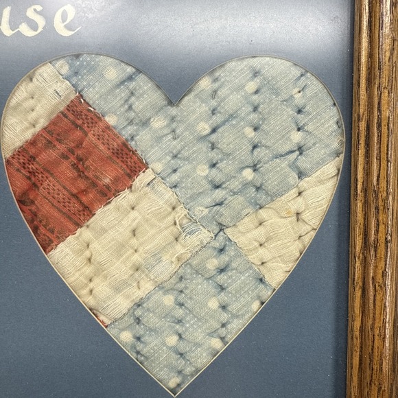 Vintage/Antique Quilt Framed "Bless This Home With Loving Hearts" Red White Blue - Picture 4 of 7